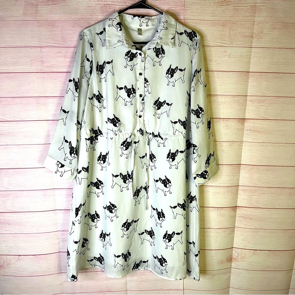 Bulldog Print Black White Drawstring‎ Waist Dress Size 3XL